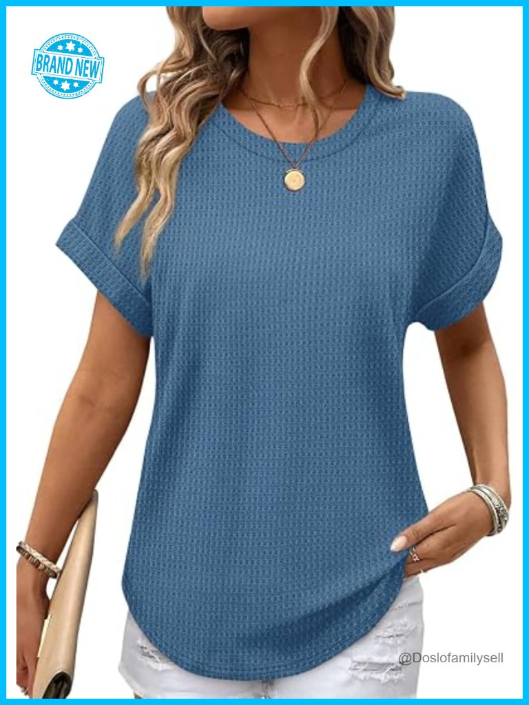 Waffle Knit Curved Hem Top Rolled Short Sleeve Crew Neck Tee